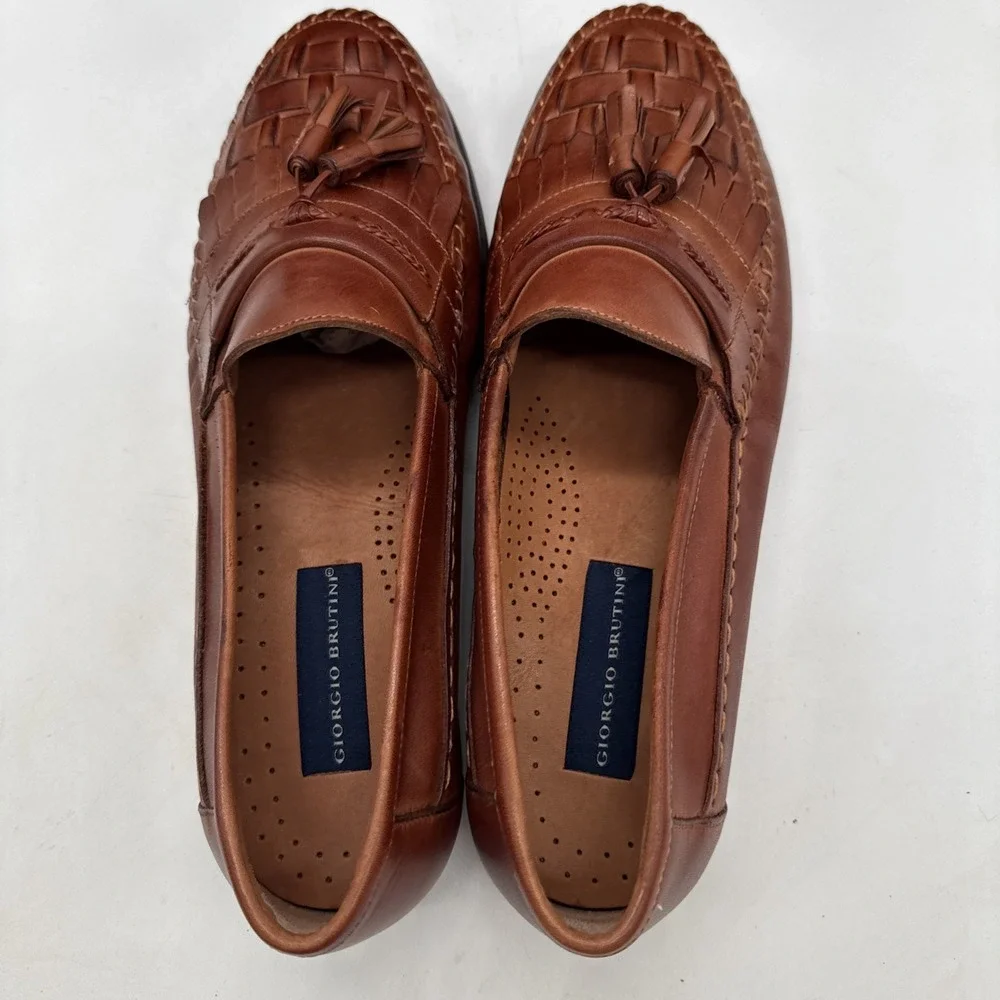 Giorgio Brutini Men's Woven Tassel Loafers Brown Leather Shoes 10M